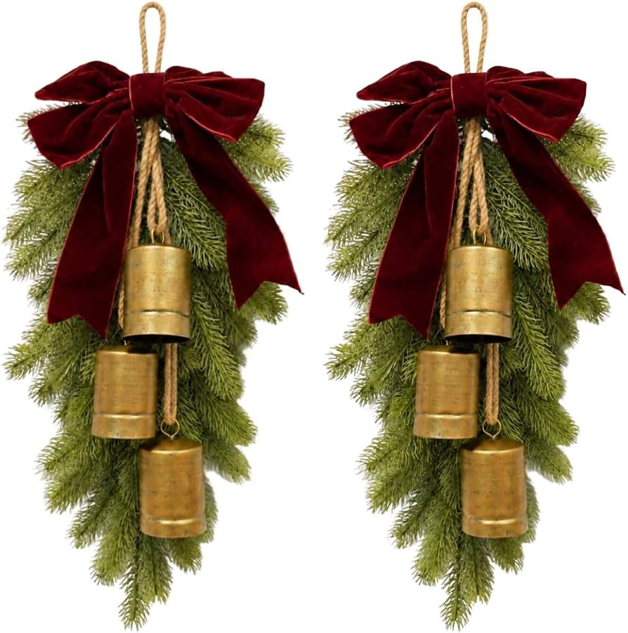 2Pcs 20" Vintage Christmas Teardrop Swag with Velvet Bows Metal Cow Bells | Amazon (US)