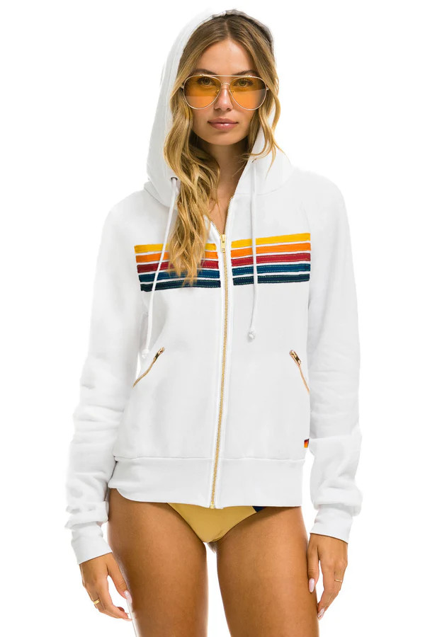 5 STRIPE ZIP HOODIE  W/ ZIP POCKETS - WHITE | Aviator Nation