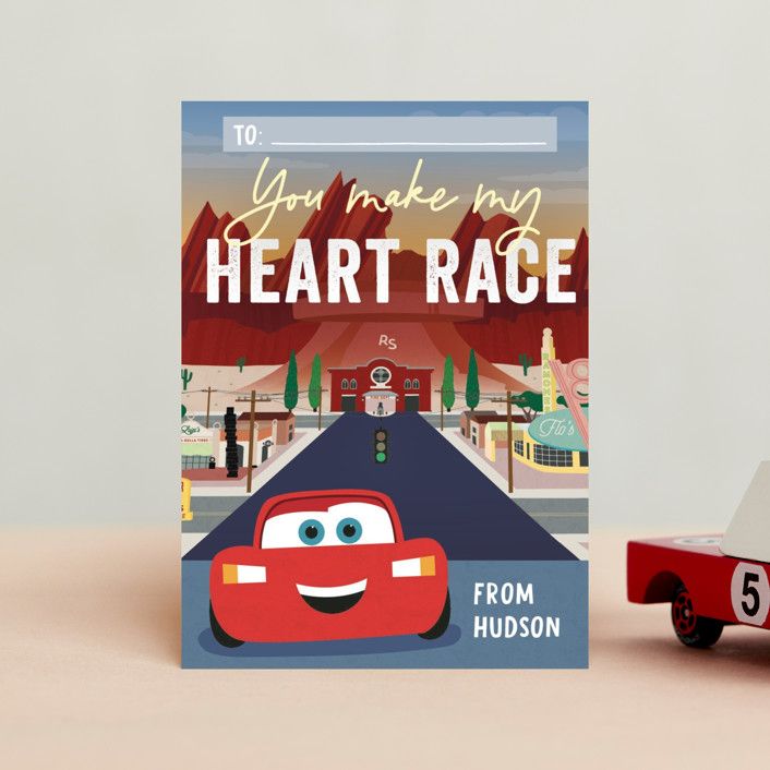 "Disney and Pixar's Cars Heart Race" - Customizable Classroom Valentine's Day Cards in Blue by Er... | Minted