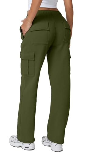 QINSEN Women's Medium Waist Cargo Pants Casual Heavy Fleece Cargo Sweatpants Olive Green S | Amazon (US)
