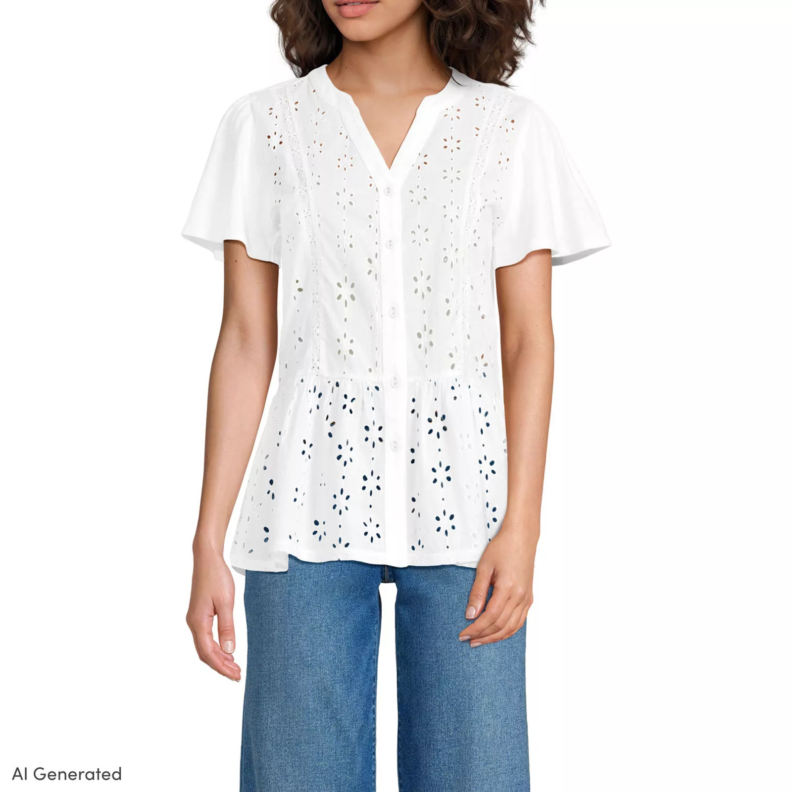 Women's Lands' End Short Sleeve Eyelet Top, Size: Large, White | Kohl's