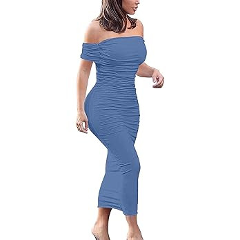 GOBLES Women's Ruched Off Shoulder Short Sleeve Bodycon Midi Elegant Cocktail Party Dress | Amazon (US)