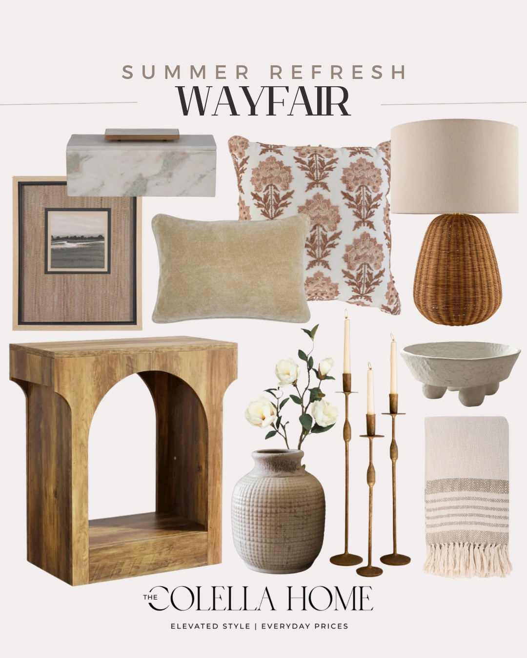 Summer refresh from Wayfair includes table lamp, throw pillows, decorative box, wall art, decorative bowl, throw blanket, vase, floral stem, candle stick holders.

Home decor, summer refresh, looks for less, neutral home

#LTKHome #LTKSaleAlert #LTKSeasonal
