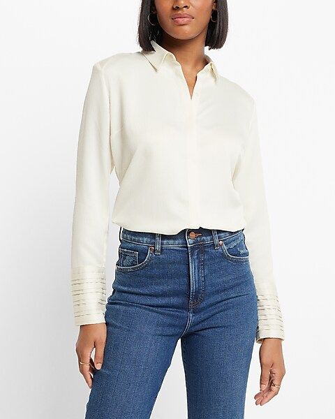Textured Strong Shoulder Pleated Cuff Portofino Shirt | Express