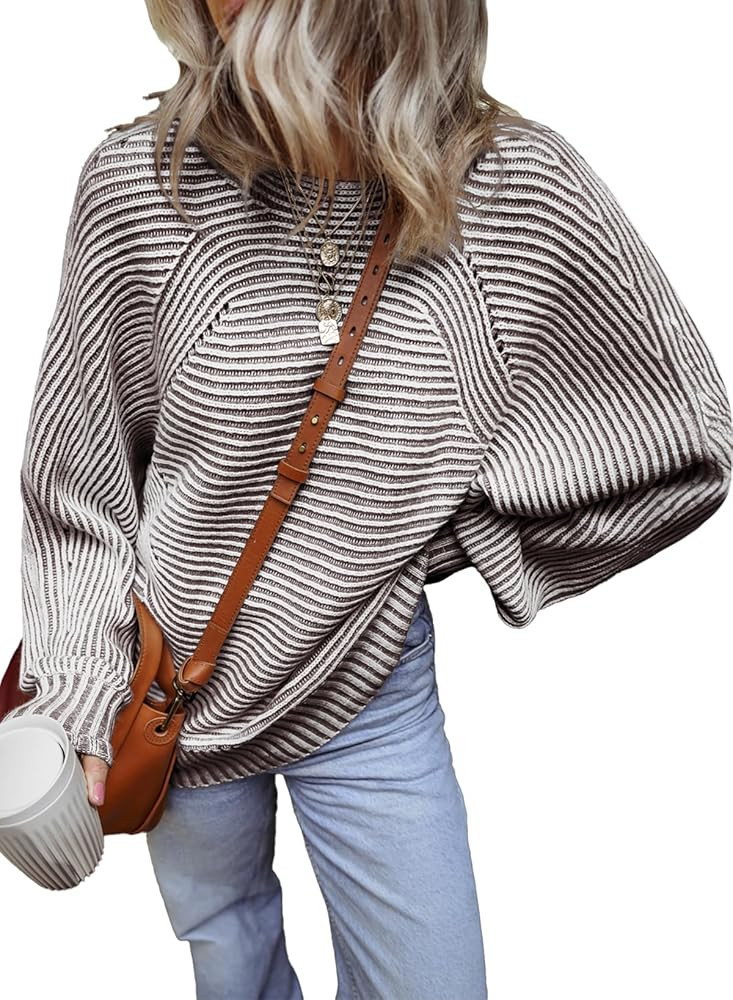 EVALESS Striped Sweaters for Women Boat Neck Batwing Sleeve Oversized Pullover Sweater Tops Women... | Amazon (US)