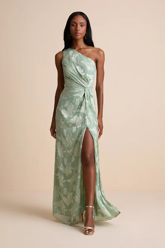 Renni Sage Green Floral Jacquard One-Shoulder Maxi Dress | Lulus