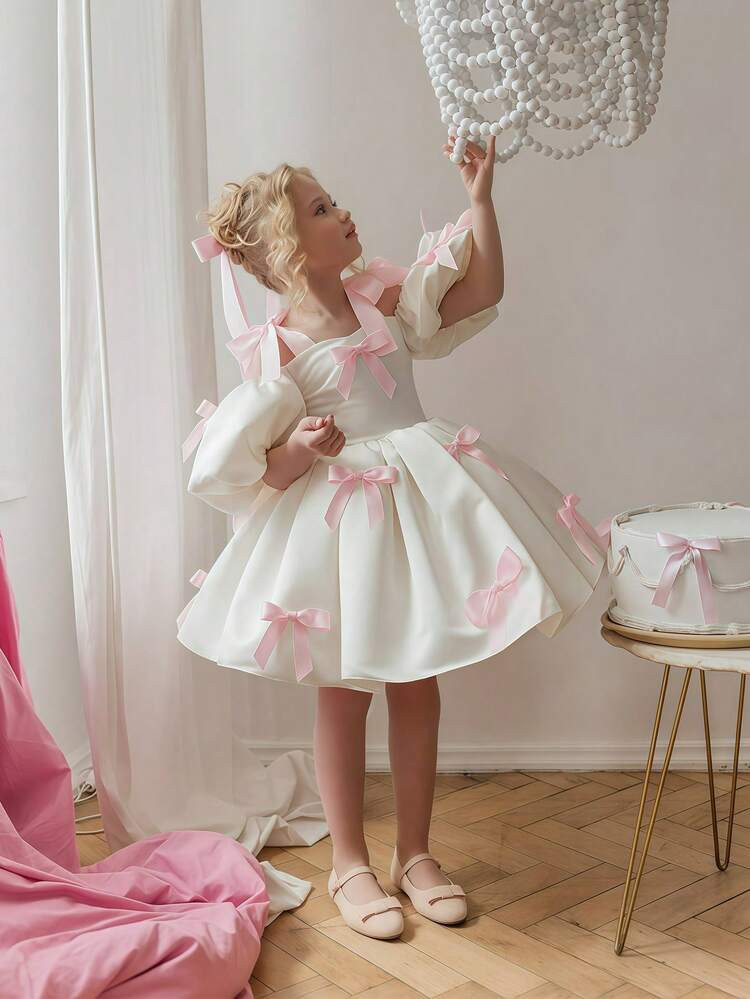Young Girl Spaghetti Strap Bow Puff Sleeve Princess Dress, Suitable For Children Birthday Party, ... | SHEIN