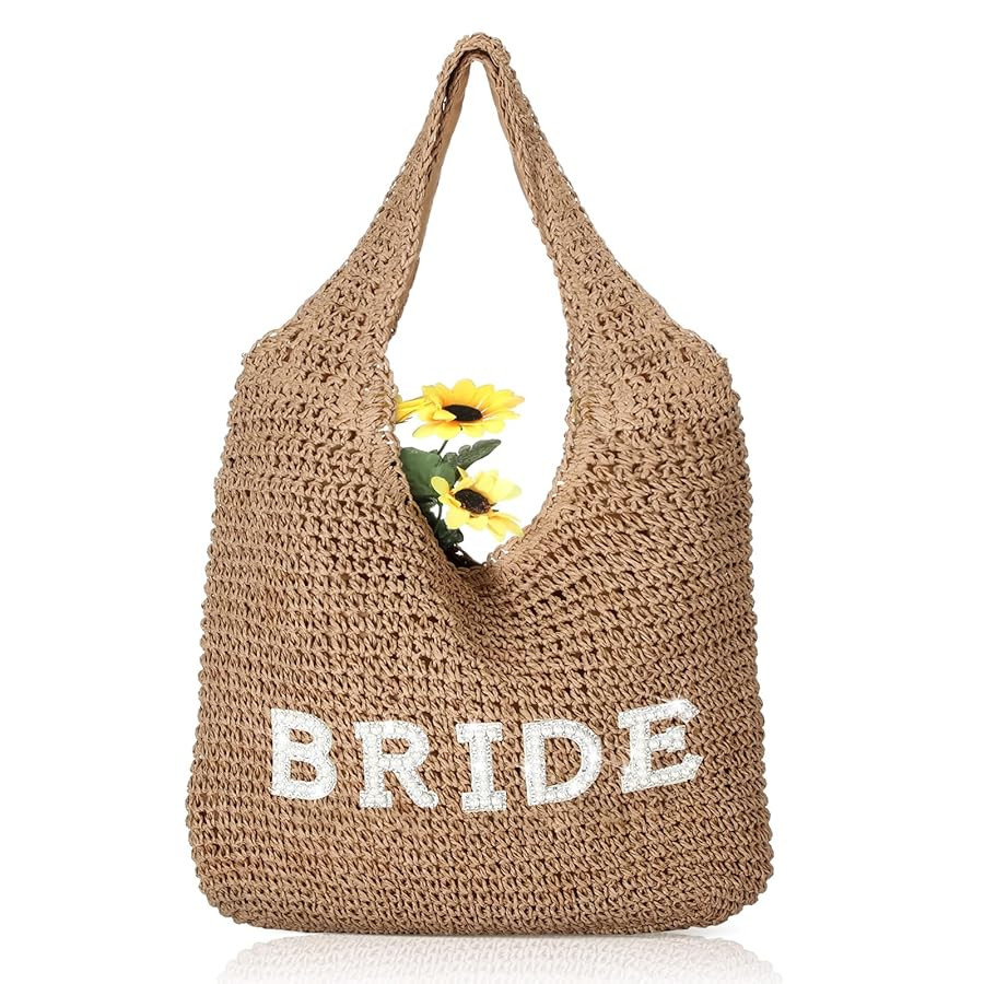 Bride Handwoven Straw Bag for Women Boho Beach Shoulder Tote Bag Bride Summer Rhinestone Letters ... | Amazon (US)