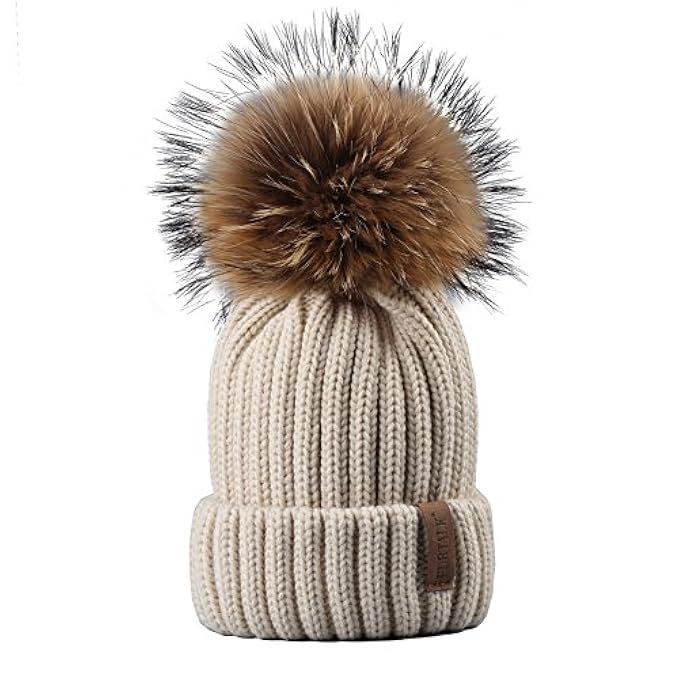 FURTALK Winter Knit Hat Real Raccoon Fur Pom Pom Womens Girls Warm Knit Beanie Hat | Amazon (US)