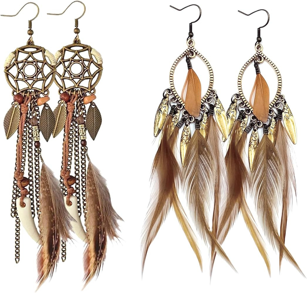 2 Pairs Brown Dream Catcher Feather Earrings for Women Bohemian Vintage Tassel Drop Dangle Earrin... | Amazon (US)