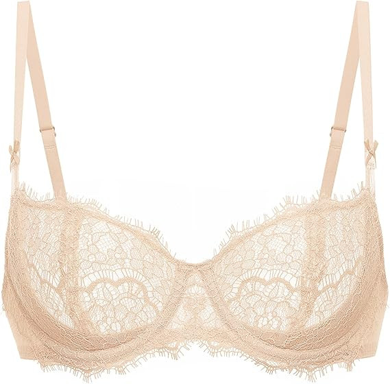 DOBREVA Women's Balconette Sexy Unlined Bra Lace Push Up Plus Size Bras See Through Underwire | Amazon (US)
