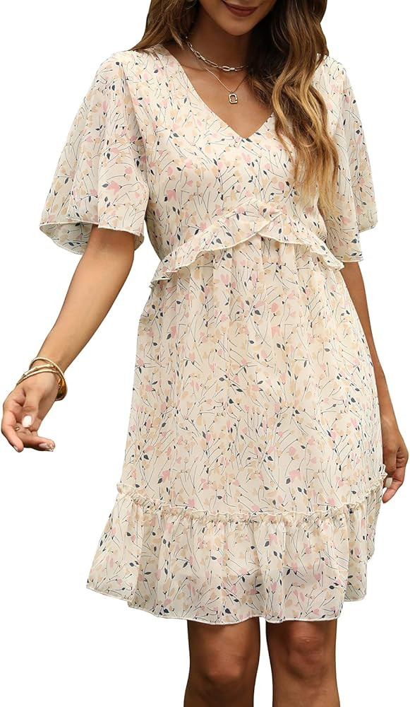Manydress Women's Chiffon Floral Print V Neck Casual Mini Boho Ruffle Swing Dress MY068 | Amazon (US)