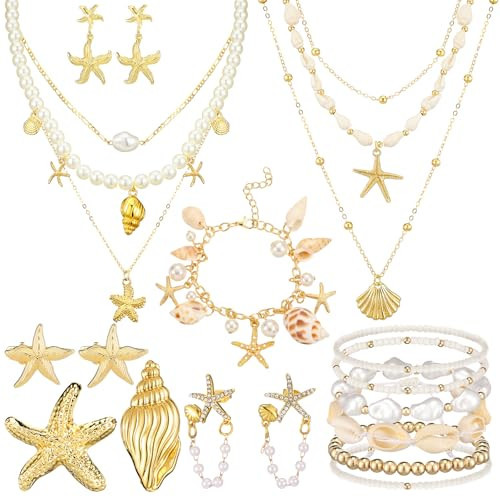 Tondiamo 14 Pcs Beach Jewelry for Women Set Starfish Jewelry Set Boho Beaded Stretch Seashell Starfish Necklace Earrings Bracelet Hair Clips Beach Bracelets for Women Summer Holiday Wedding Gifts | Amazon (US)