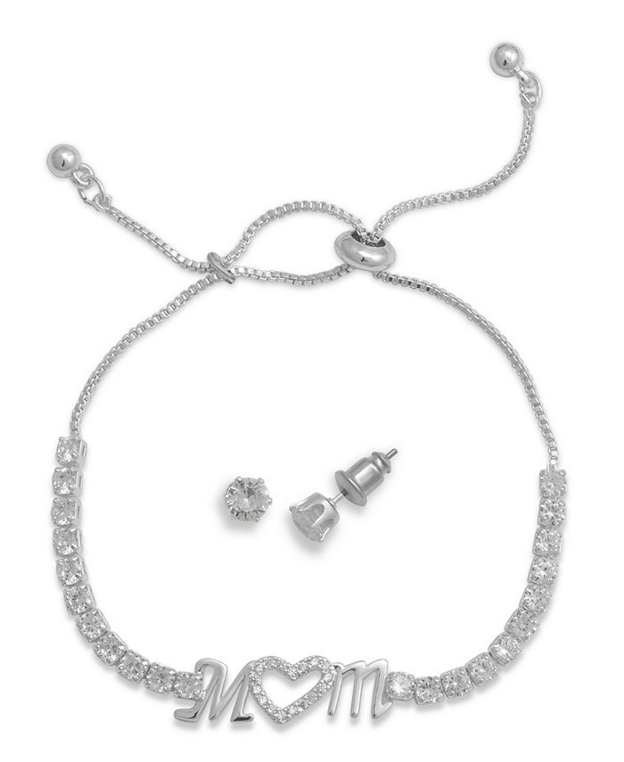 Silver Plated Cubic Zirconia Adjustable Mom Bracelet and Stud Earring Set | Macys (US)