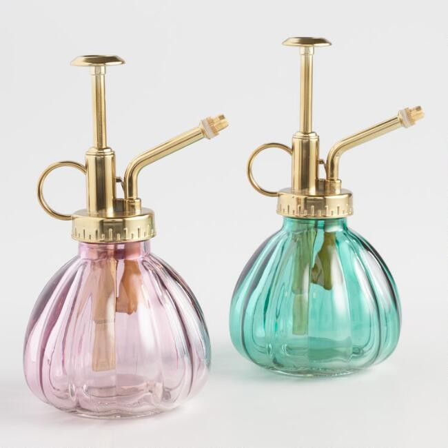 Green and Pink Ribbed Glass Plant Misters Set of 2 | World Market