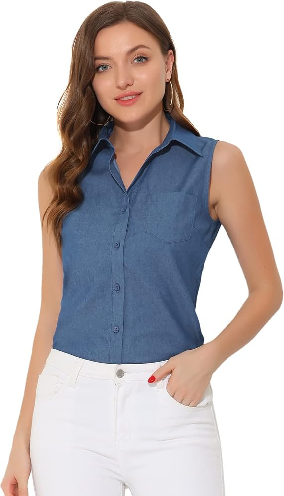 Allegra K Denim Button Down Shirt for Women's Sleeveless Lapel V Neck Chambray Tunic Top | Amazon (US)