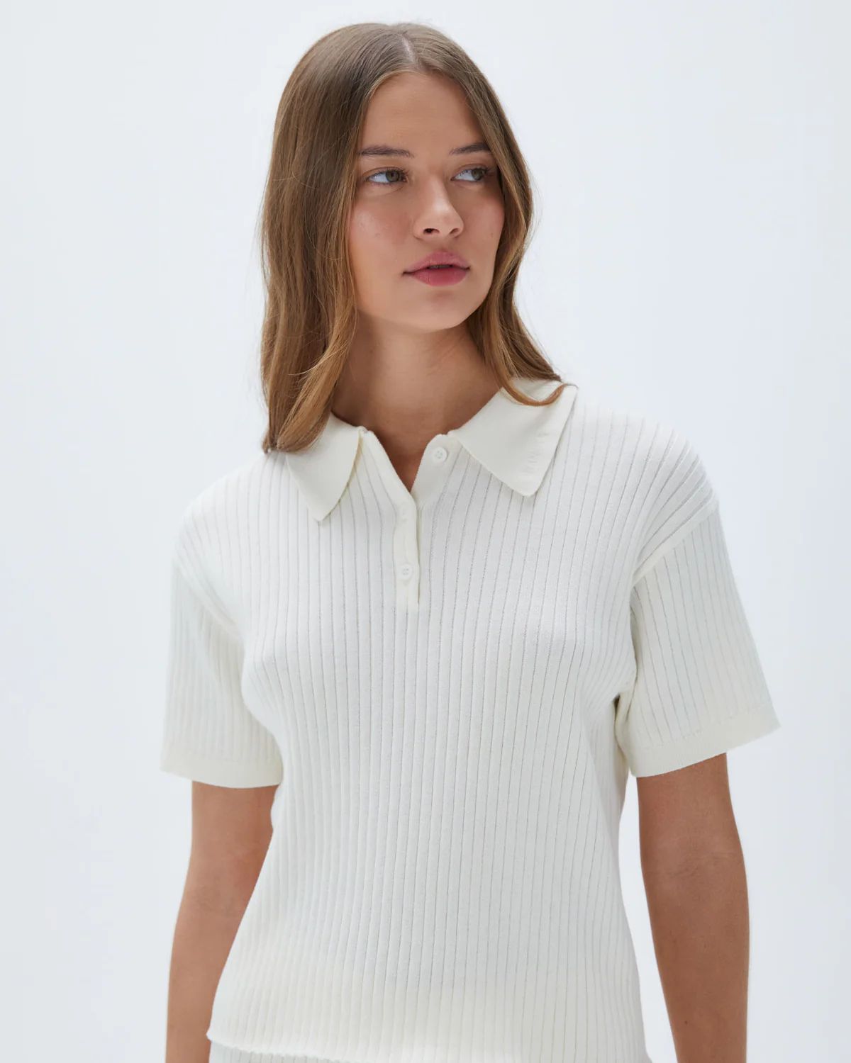 Rib Knit Short Sleeve Polo Top - Marshmallow White | Adanola UK