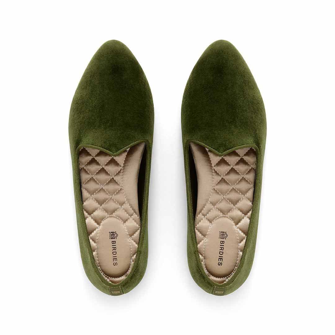 Birdies The Heron - Olive Green Flats, Size 6.5, Velvet | BIRDIES