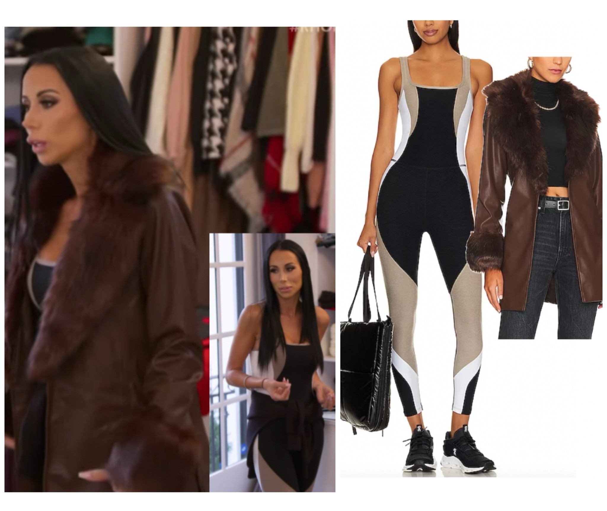 Rachel Fuda’s Colorblock Jumpsuit and Brown Faux Fur Trim Leather Coat