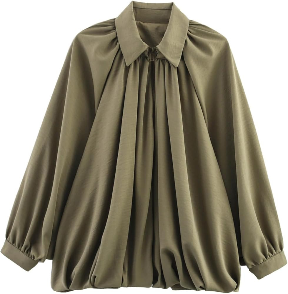 Womens Puffed Bomber Oversized Jacket Batwing Sleeve Streetwear Lapel Collar Zip Front Pleated Bl... | Amazon (US)