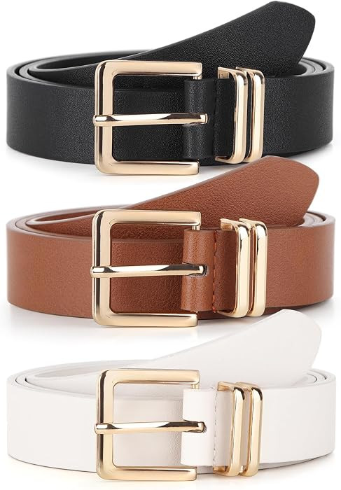 Pack 3 Women Belts for Jeans Pants, Fashion Gold Buckle Leather Belts | Amazon (US)
