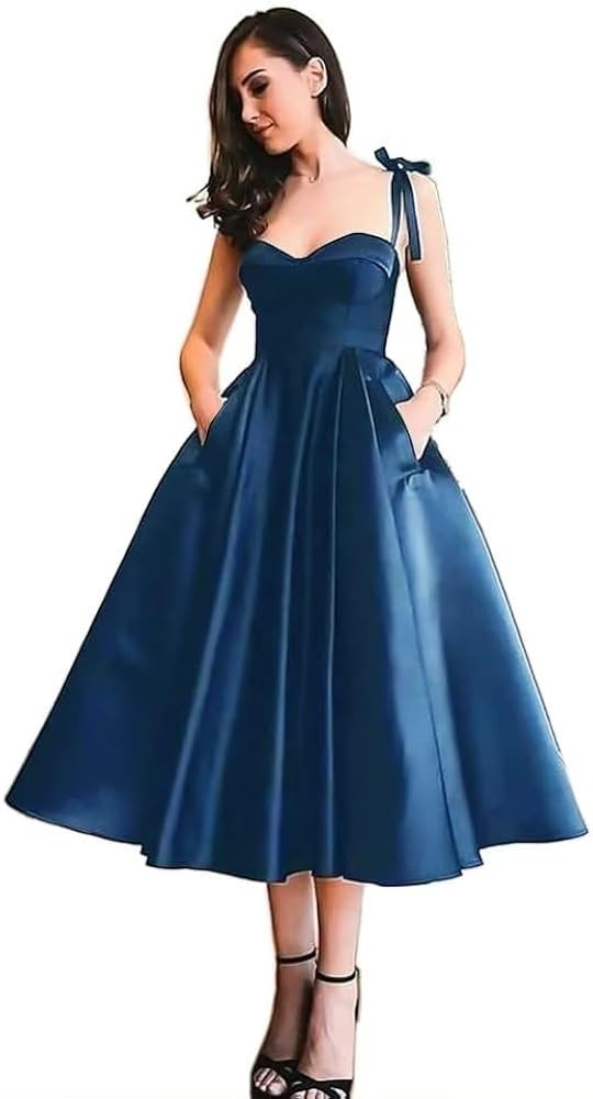 MuXiuFC Sweetheart Spaghetti Straps Prom Dresses 2023 Satin Tea Length A-Line Corest Evening Form... | Amazon (US)