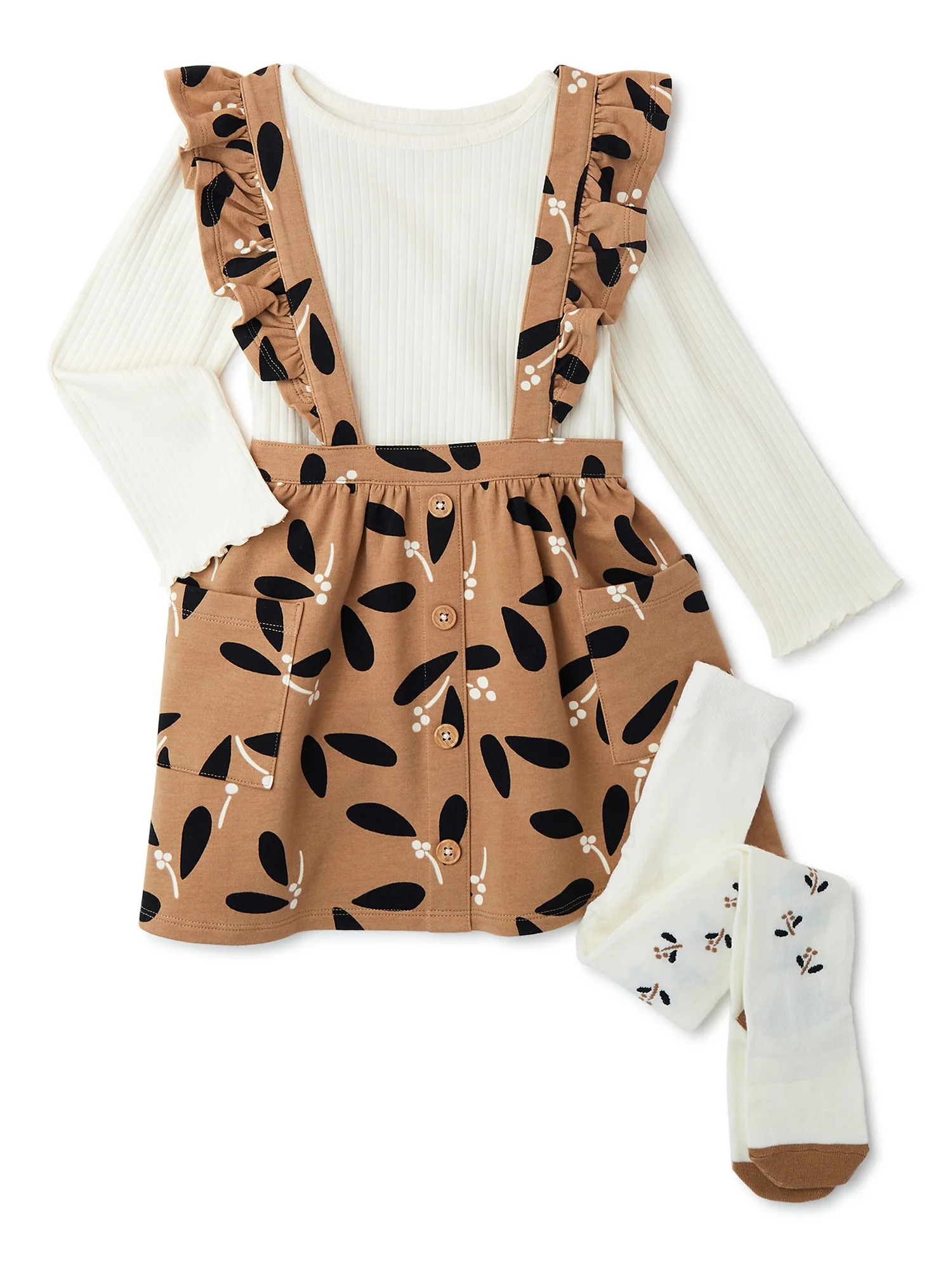 Wonder Nation Baby and Toddler Girls' Pinafore Dress, Long Sleeve Top and Tights Set, Sizes 12M -... | Walmart (US)