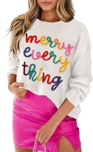 MARZXIN Women 2025 Casual Holiday Sweaters Long Sleeve Round Neck Valentine Sweater Tops Merry Ch... | Amazon (US)