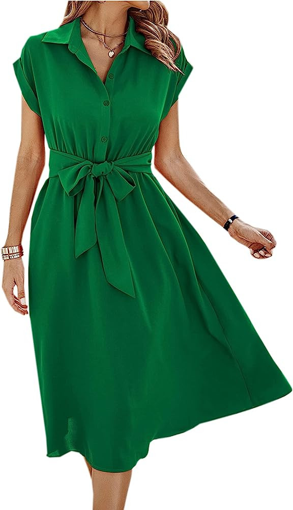 ECOWISH Womens Casual Midi Dresses Solid V Neck Short Sleeve Button Shirt Belted Dress with Pocke... | Amazon (US)