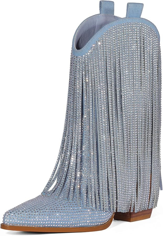 Cowboy Boots for Women - Cowgirl Western Rhinestone Sparkly Fringe Chunky Heel Pointed Toe Ankle ... | Amazon (US)