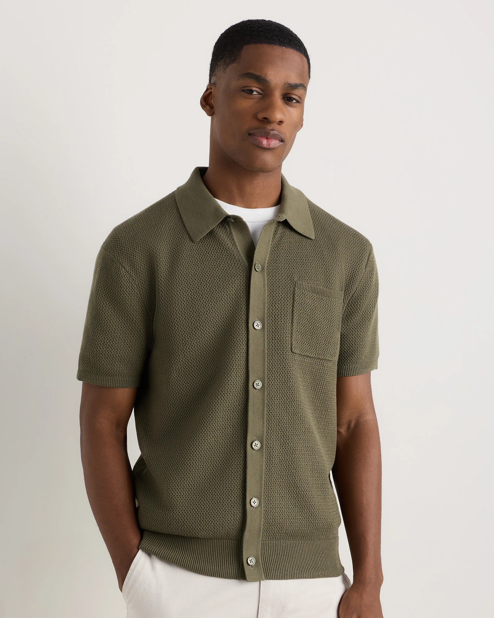 Quince | Men's Mesh-Stitch Button-Up Sweater Polo in Navy, Size Small, Organic Cotton | Quince