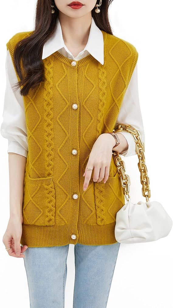 LINY XIN Women's 100% Merino Wool Sweater Vest 2023 Fall Winter Crewneck Button Down Sleeveless K... | Amazon (US)