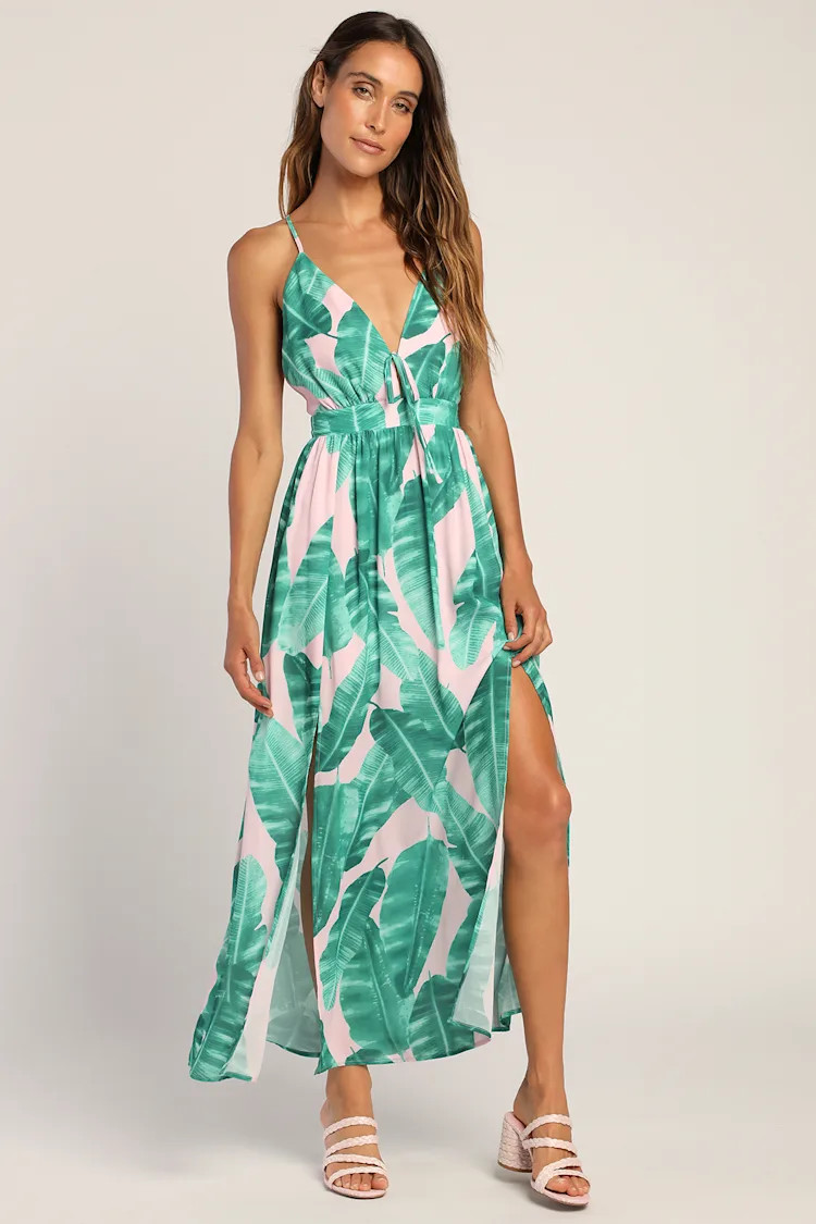 Island Essentials Pink Leaf Print Sleeveless Maxi Dress | Lulus (US)