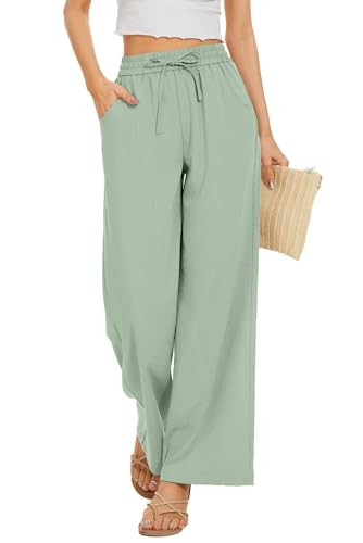 KICZOY Women Summer Flowy Pants With Drawstring Waist, Wide Leg Palazzo Beach Loose Fit, Pockets - Mint Green | Amazon (US)