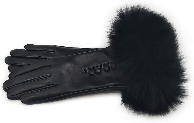 Hima Real Cashmere Lined Lambskin Leather Gloves with Fox Fur Trim | Amazon (US)