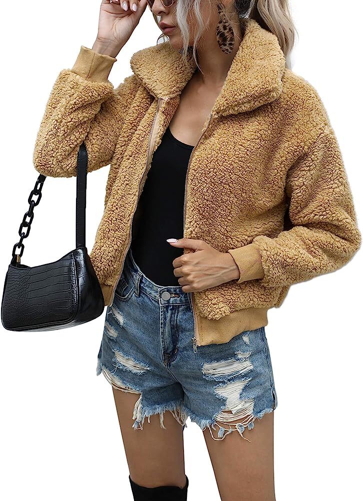 AKEWEI Women's Lapel Fleece Shearling Jacket Cropped Teddy Bear Jacket Zipper Faux Fur Coat | Amazon (US)