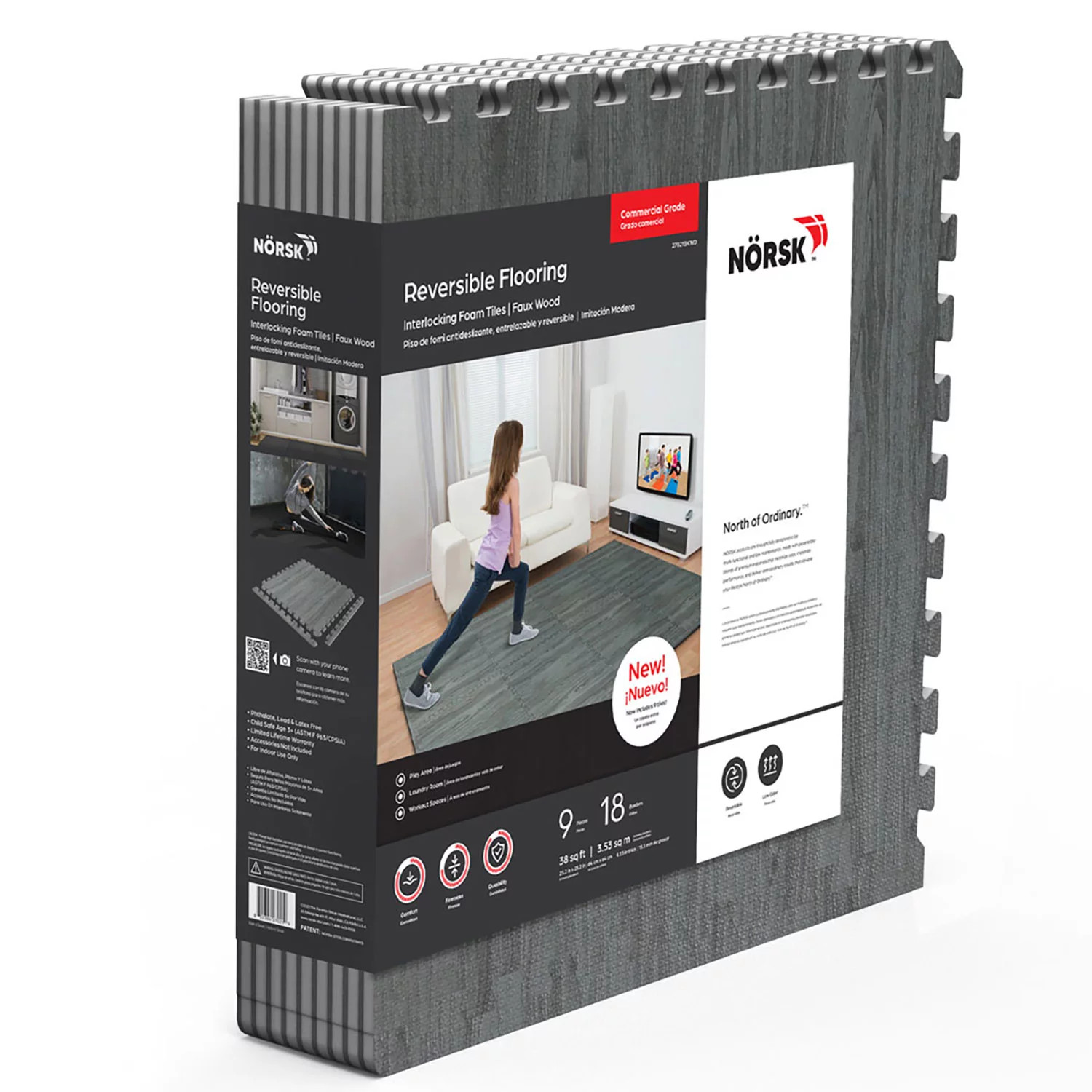Norsk 25" x 25" Reversible Foam Flooring, Gray Wood & Black, 9 Tiles | Sam's Club
