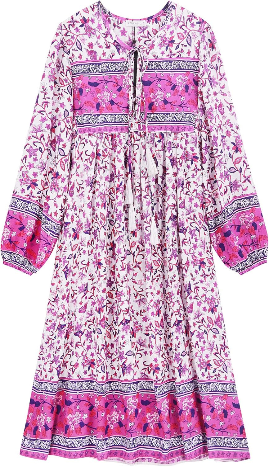 R.Vivimos Women's Long Sleeve Floral Print Retro V Neck Tassel Bohemian Midi Dresses | Amazon (US)