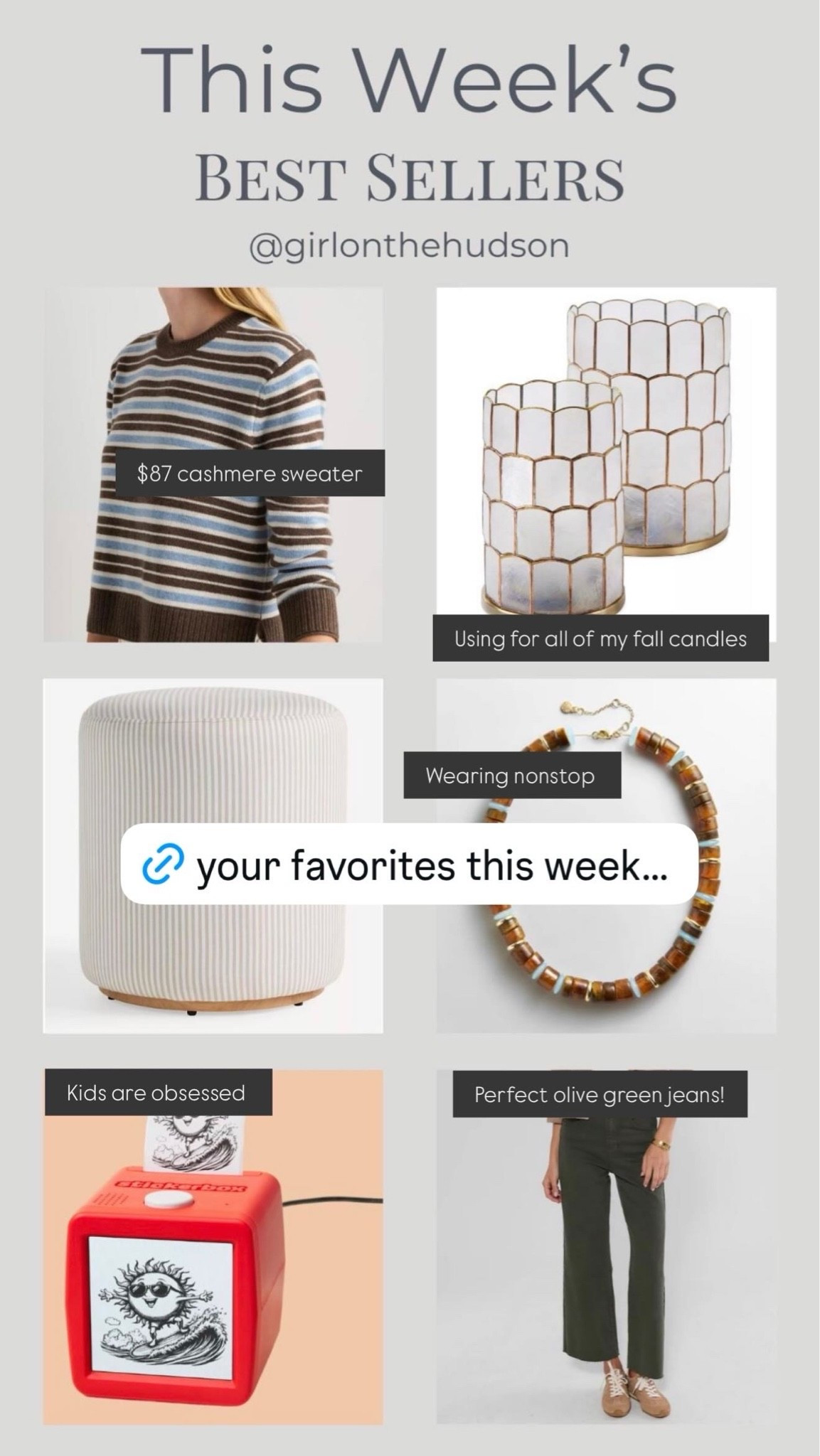 This week's best sellers! 

The coolest pair of raw hem olive green jeans that fit like a glove (under $100!), the sticker box my kids can't stop playing with, the perfect fall necklace, the prettiest capiz hurricanes that I'm burning all of my candles in, a perfect ottoman and the cashmere sweater you're going to want to snag before it's gone!!

#LTKSaleAlert #LTKHome #LTKootd