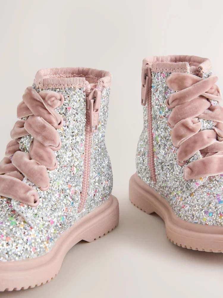 Silver/Pink Glitter Standard Fit (F) Lace Up Ankle Boots | Next US