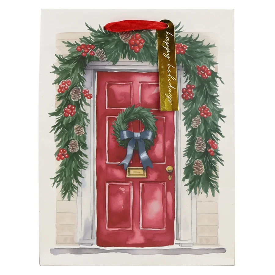 Medium White, Green, and Red Front Door Christmas Paper Gift Bag, 7.5" x 4.5" x 9.88", by Holiday... | Walmart (US)