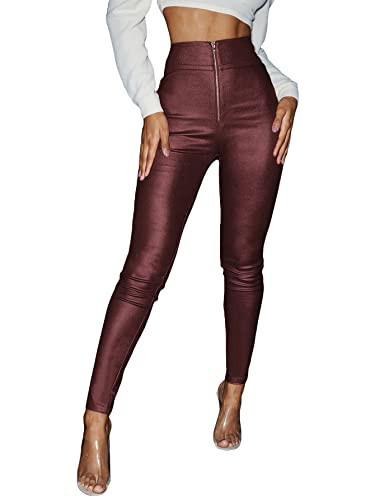 MakeMeChic Women's Metallic Faux Leather High Waisted Zipper Front Skinny Pants Leggings Burgundy S | Amazon (US)