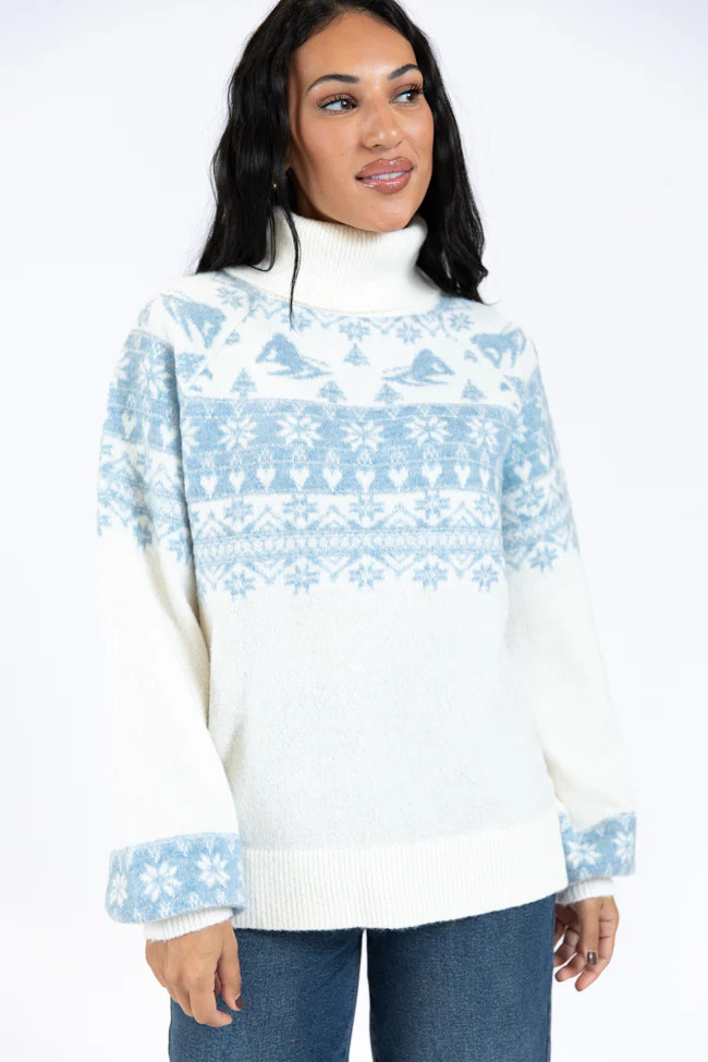 For The Best Ivory and Blue Ski Print Fair Isle Turtleneck Sweater | Pink Lily