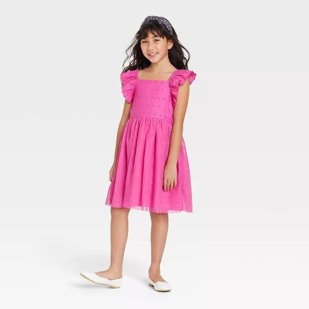 Girls' Eyelet Flutter Sleeve Tulle Dress - Cat & Jack™ | Target