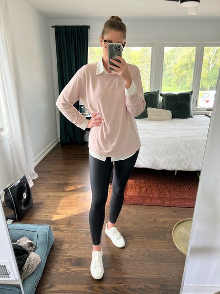 Work outfit, casual 🤍 sweater is last year banana - I sized up. Linked some similar options from banana.

Black leggings, vibes with chellie, chic, mom outfit, white sneakers 

#LTKworkwear