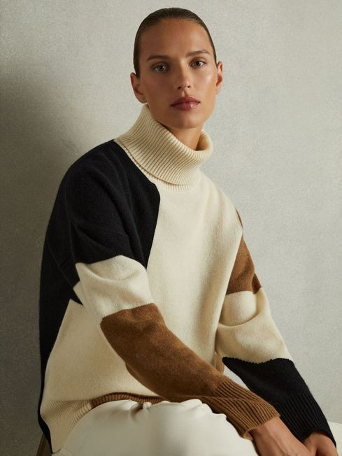 Reiss Cream/Brown Ezra Wool-Cashmere Colourblock-Intarsia Jumper | Reiss DE