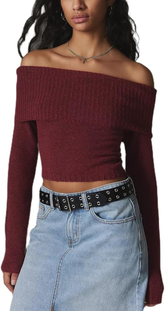 Women Casual Solid Sweater Top Long Sleeve Off Shoulder Ribbed Knit Cropped Shirt Fairy Grunge Fa... | Amazon (US)