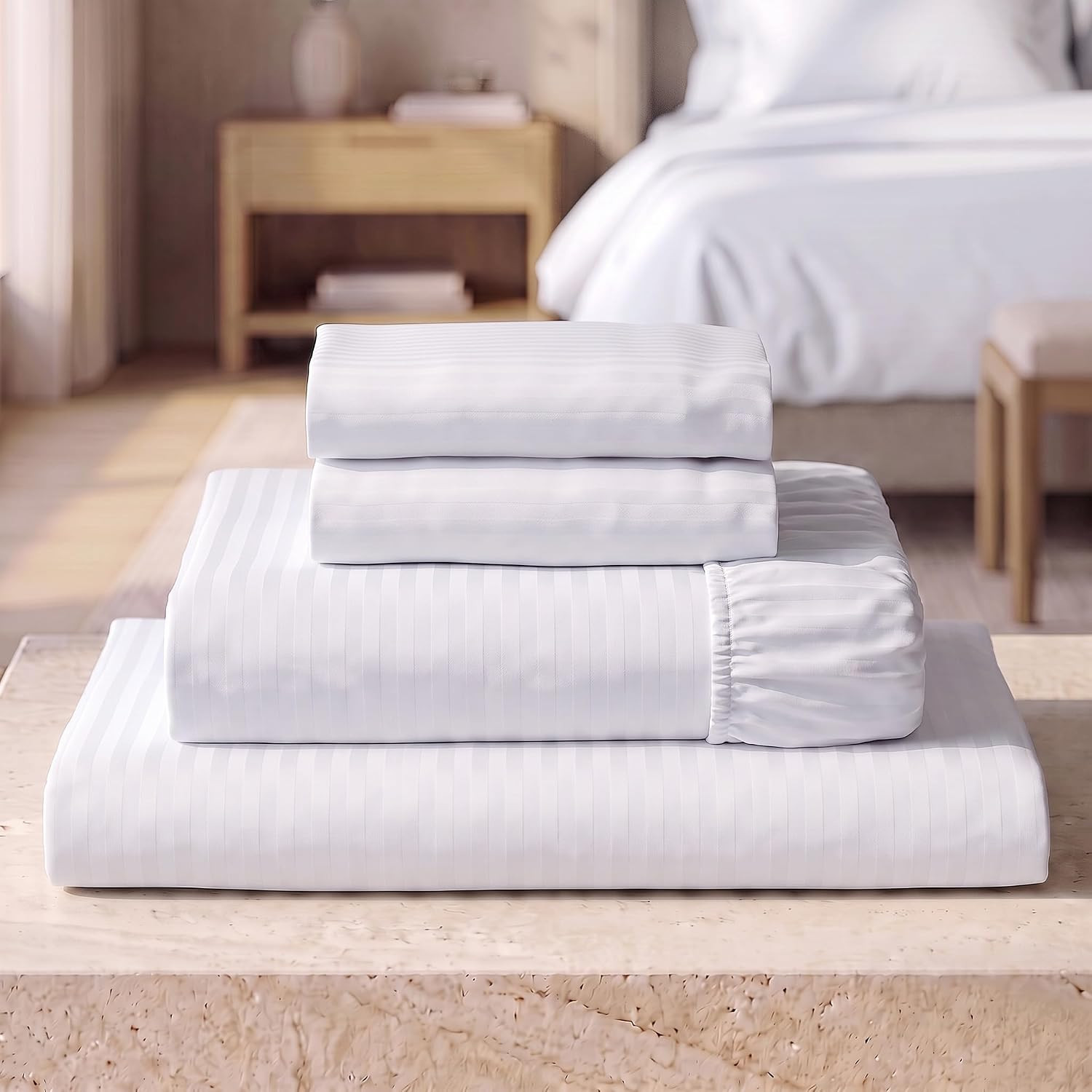 Mellanni Iconic 4-PC Bed Sheet Set, 16" Deep Pocket (King, Striped White) | Amazon (US)