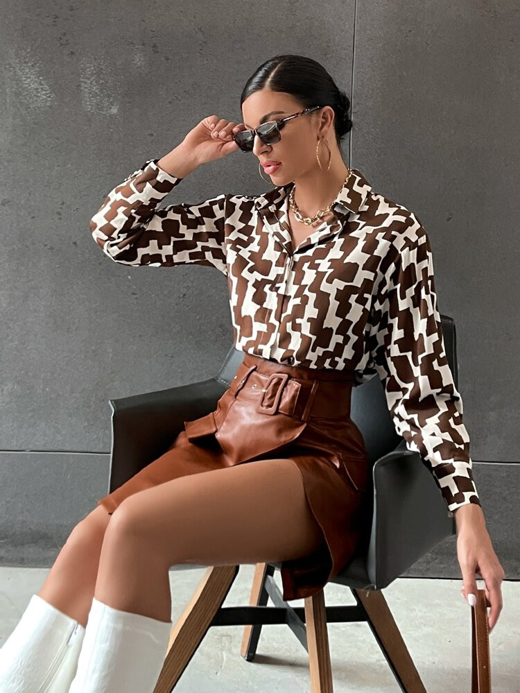 Allover Print Hidden Button Front Blouse | SHEIN