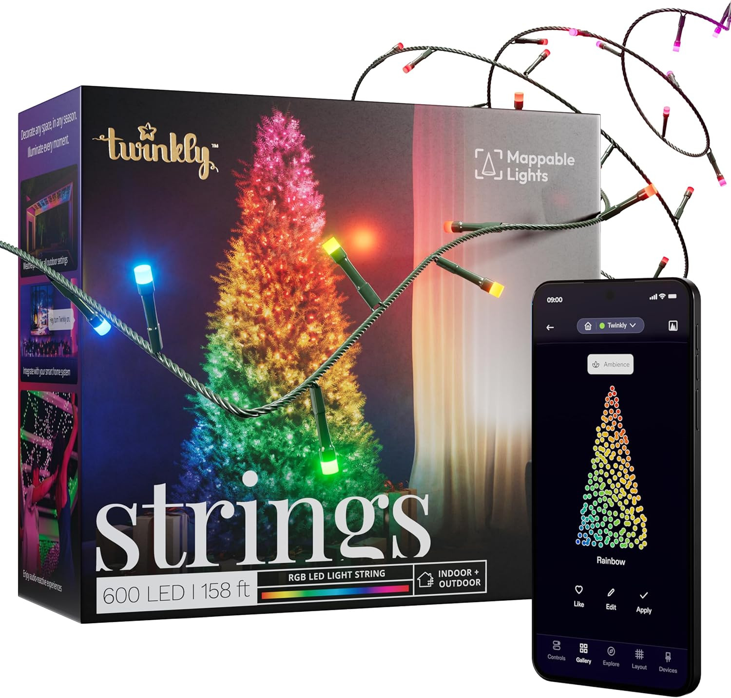 Twinkly Strings 600 LED RGB, LED Light String, Smart Multicolor LED Lights, Christmas Lights, Mappable LEDs, IP44, Green Wire, Packaging May Vary, 157.5ft | Amazon (US)